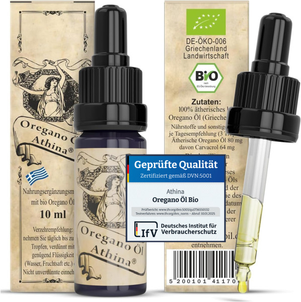 Athina® Oregano Öl Bio, DE-ÖKO-006 100% ätherisches Oreganoöl, 80% Carvacrol 1 X 10 ml